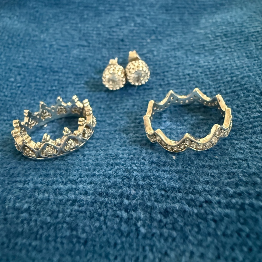 Sterling Silver Crown Rings and Earring Set